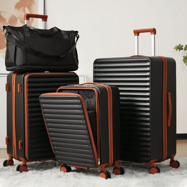 4 Piece Hard Shell Luggage Set With Front Pocket TSA Lock USB Port Universal Wheels Black Carry-On Bags 20 24 28 Inch