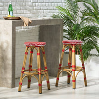 Red Bamboo Print Outdoor Backless Barstools Set Of 2 29.5 Inch Height