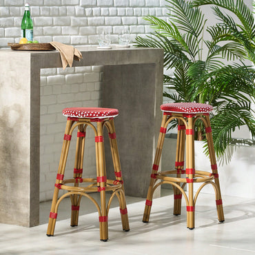 Red Bamboo Print Outdoor Backless Barstools Set Of 2 29.5 Inch Height