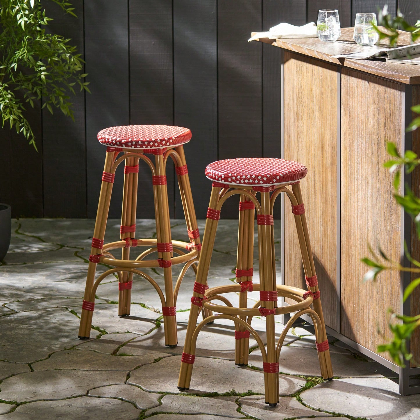 Red Bamboo Print Outdoor Backless Barstools Set Of 2 29.5 Inch Height