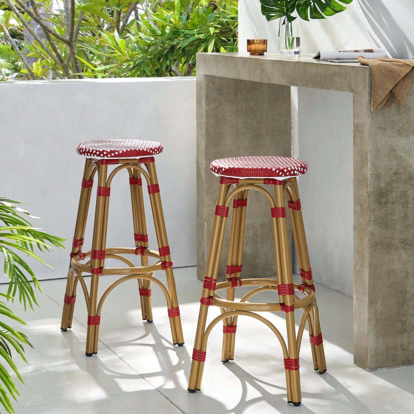 Red Bamboo Print Outdoor Backless Barstools Set Of 2 29.5 Inch Height