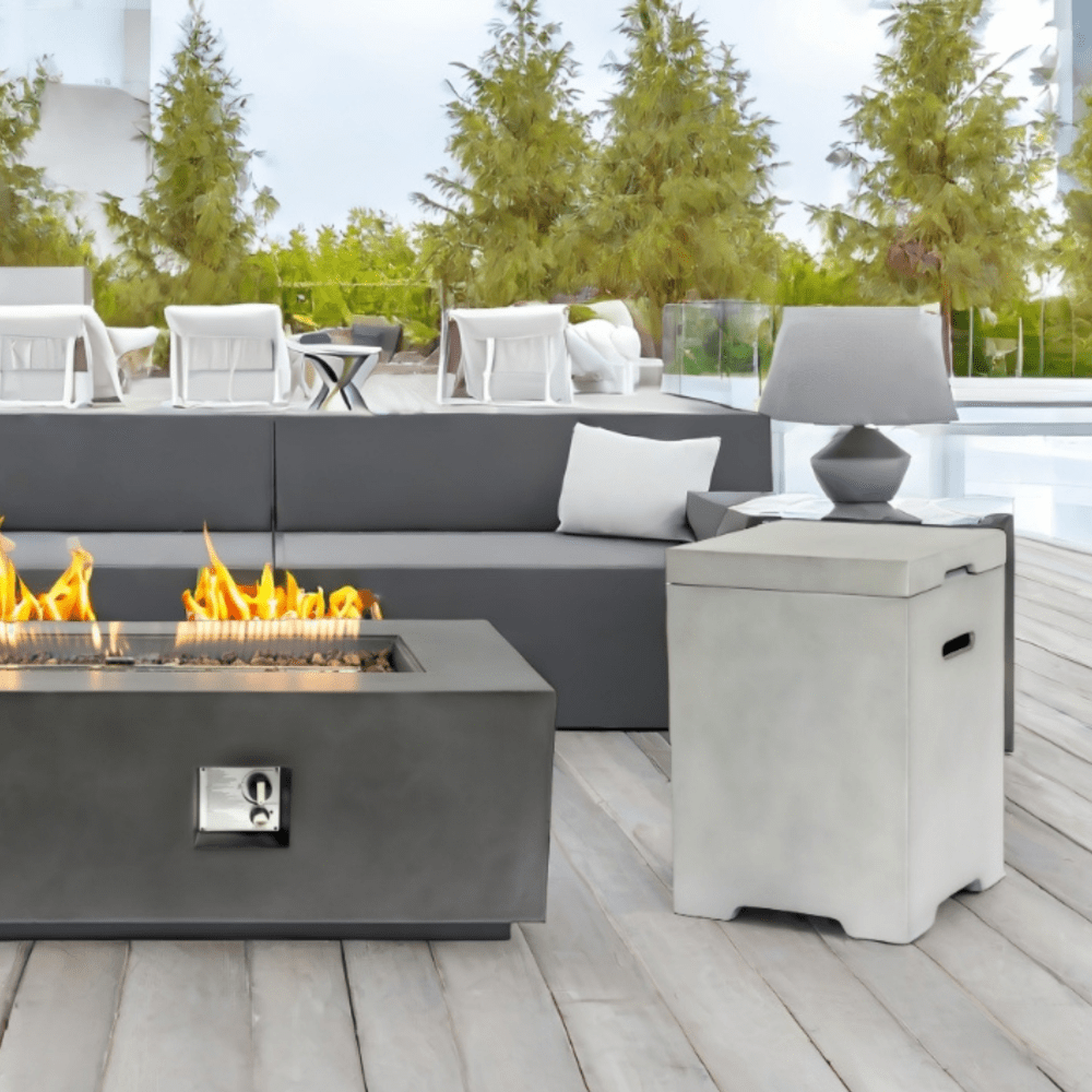 Outdoor Gas Fire Pit Propane Tank Cover Table In Light Gray Concrete With Side Handles