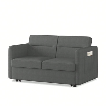 Loveseat Sofa Bed With Pull-Out Bed Adjustable Backrest And Two Arm Pockets Dark Grey