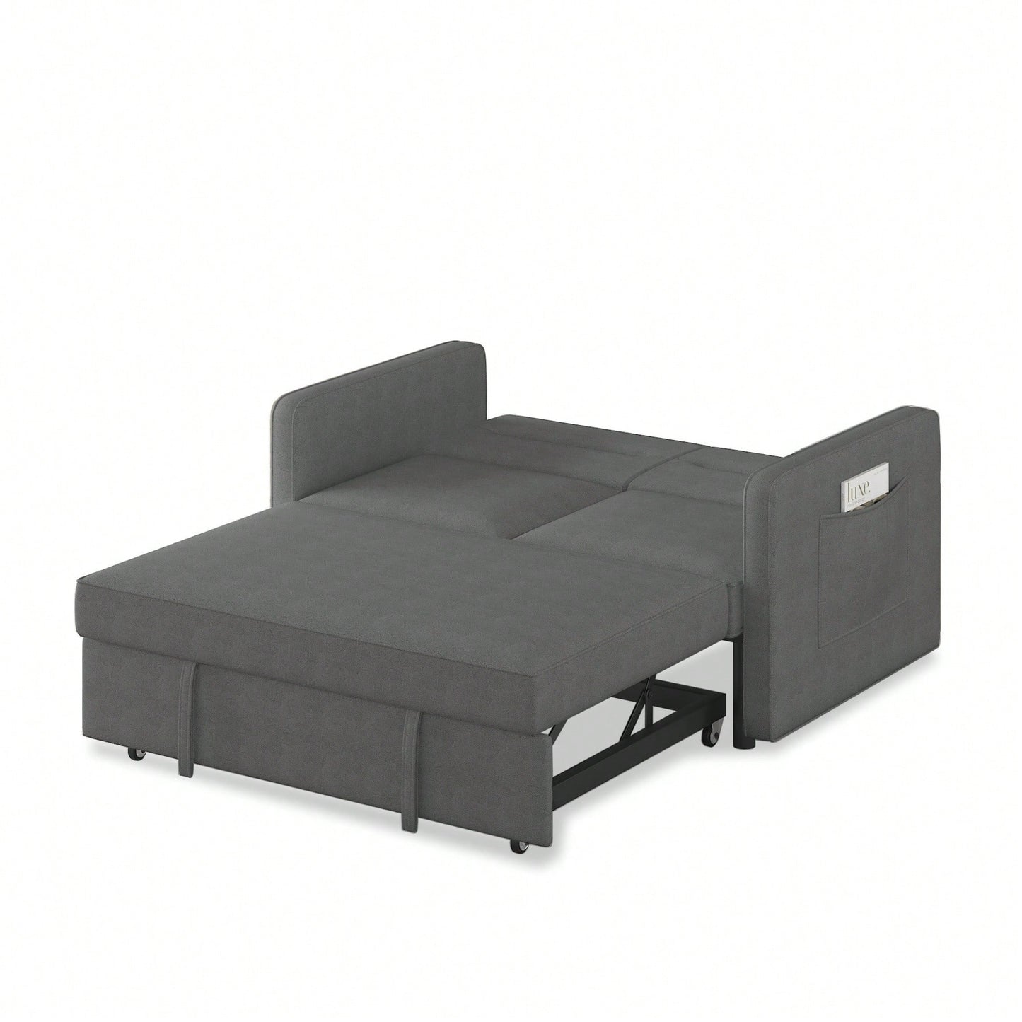 Loveseat Sofa Bed With Pull-Out Bed Adjustable Backrest And Two Arm Pockets Dark Grey