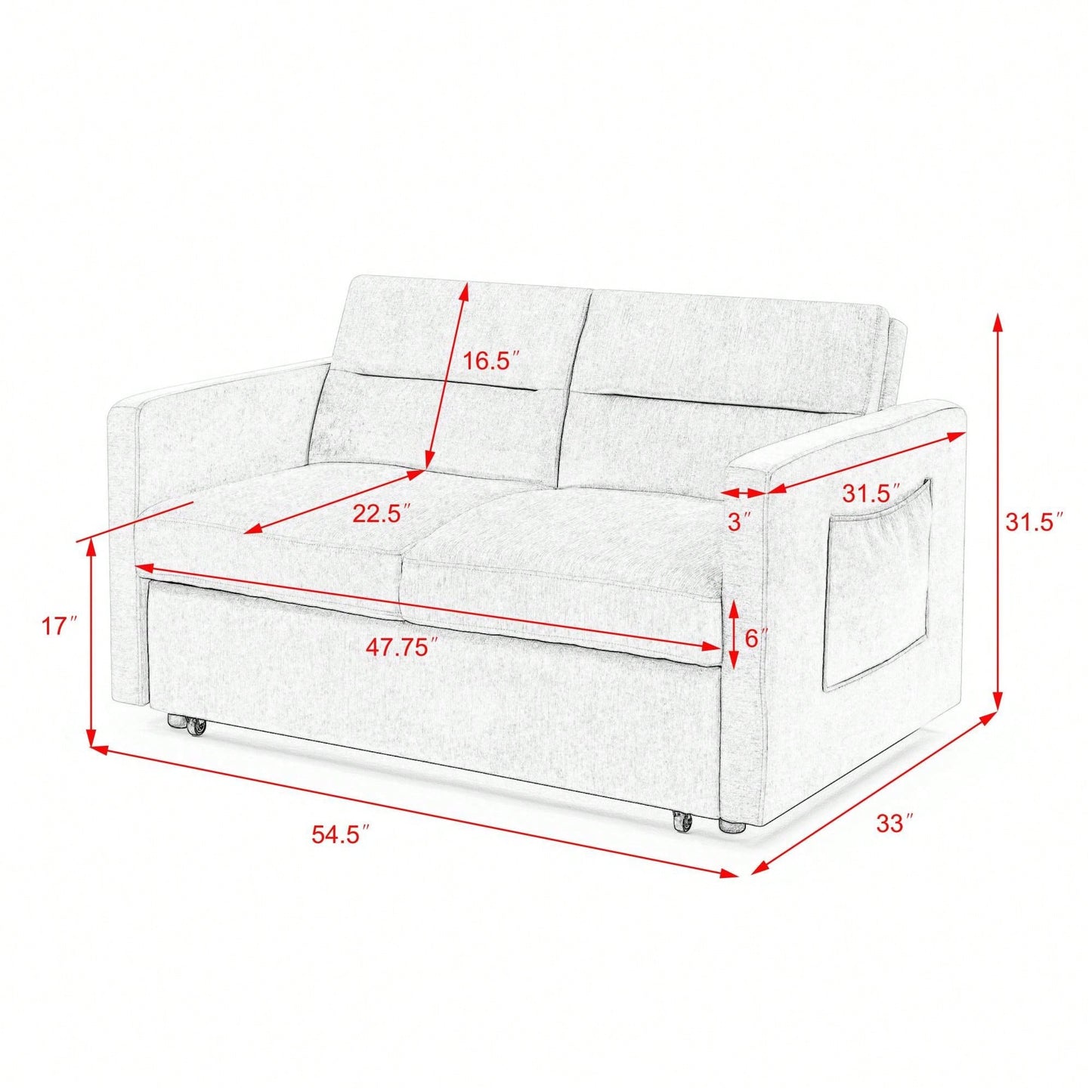 Loveseat Sofa Bed With Pull-Out Bed Adjustable Backrest And Two Arm Pockets Dark Grey