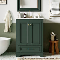 Modern 24 Inch Bathroom Vanity With Ceramic Sink And Soft Closing Doors, Freestanding Storage Cabinet With Silver Handles