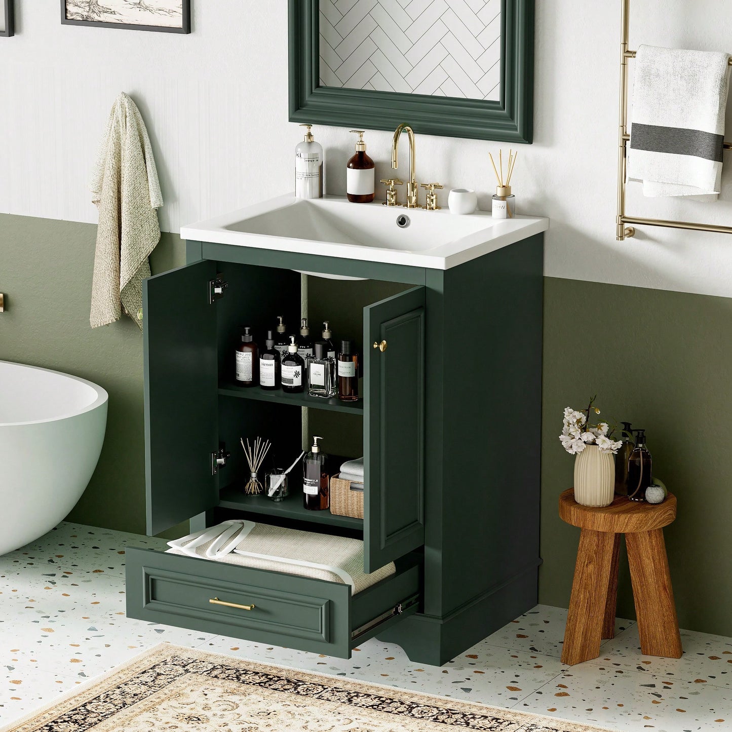 Modern 24 Inch Bathroom Vanity With Ceramic Sink And Soft Closing Doors, Freestanding Storage Cabinet With Silver Handles