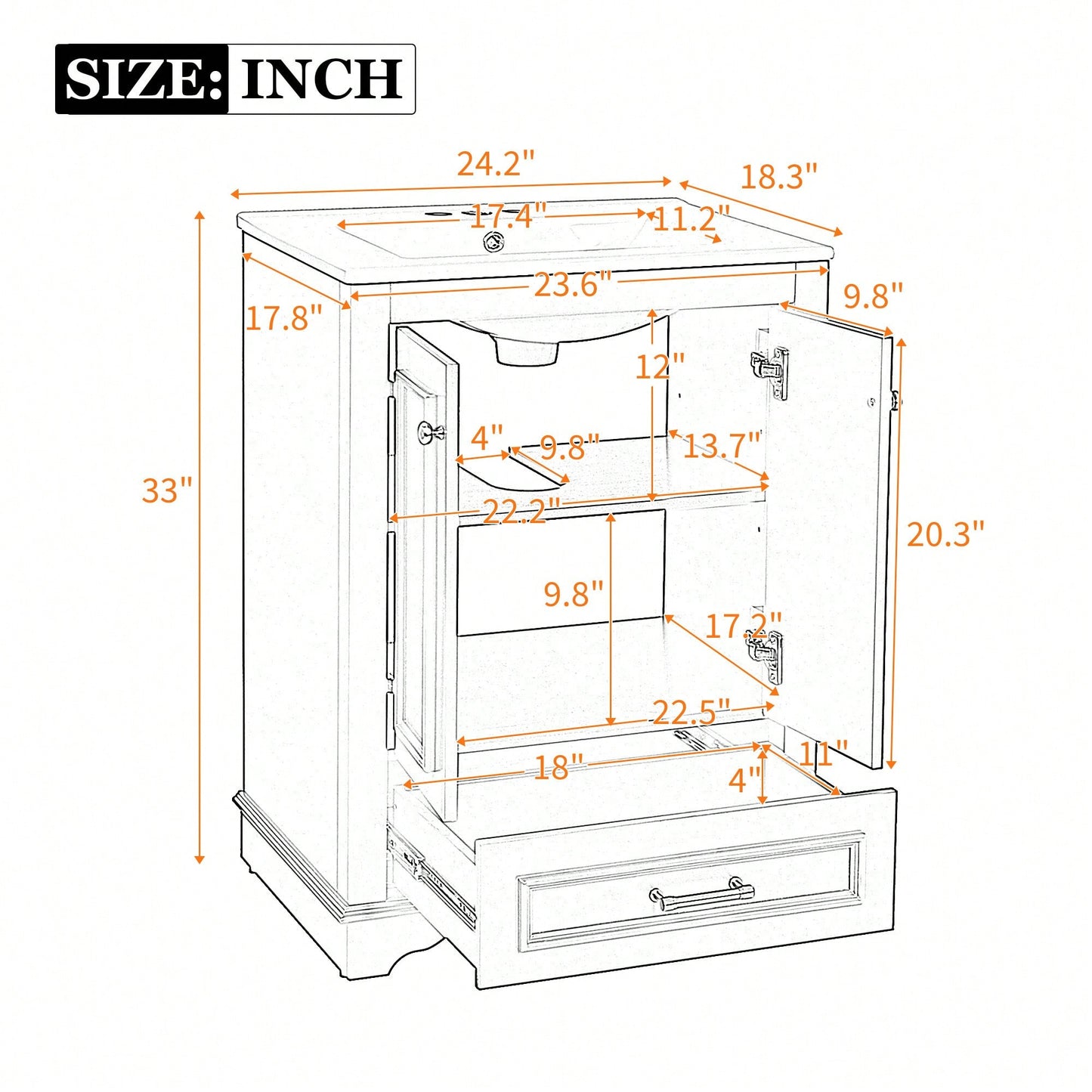 Modern 24 Inch Bathroom Vanity With Ceramic Sink And Soft Closing Doors, Freestanding Storage Cabinet With Silver Handles