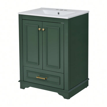 Modern 24 Inch Bathroom Vanity With Ceramic Sink And Soft Closing Doors, Freestanding Storage Cabinet With Silver Handles