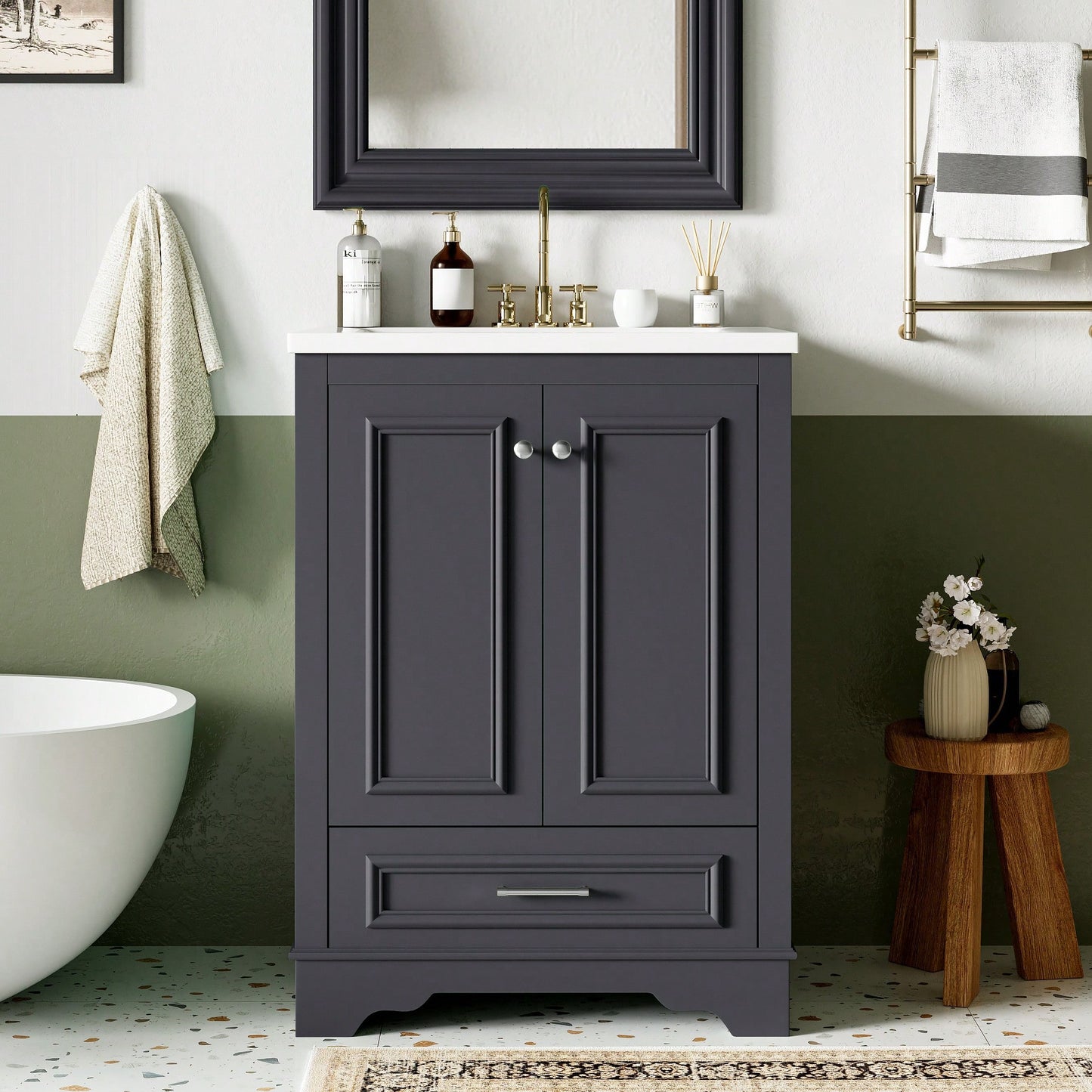 Modern 24 Inch Bathroom Vanity With Ceramic Sink And Soft Closing Doors, Freestanding Storage Cabinet With Silver Handles