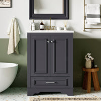 Modern 24 Inch Bathroom Vanity With Ceramic Sink And Soft Closing Doors, Freestanding Storage Cabinet With Silver Handles