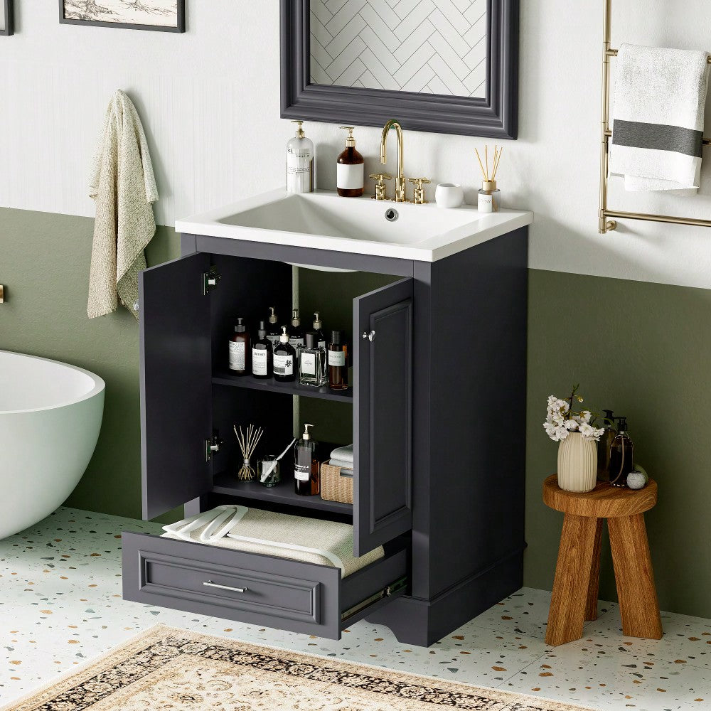 Modern 24 Inch Bathroom Vanity With Ceramic Sink And Soft Closing Doors, Freestanding Storage Cabinet With Silver Handles