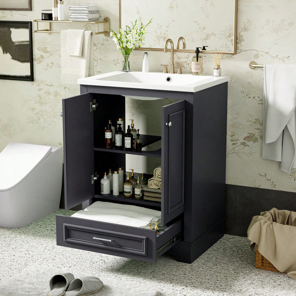 Modern 24 Inch Bathroom Vanity With Ceramic Sink And Soft Closing Doors, Freestanding Storage Cabinet With Silver Handles