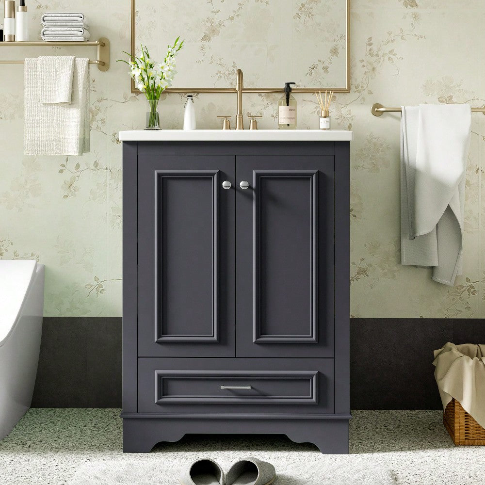 Modern 24 Inch Bathroom Vanity With Ceramic Sink And Soft Closing Doors, Freestanding Storage Cabinet With Silver Handles