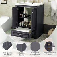 Modern 24 Inch Bathroom Vanity With Ceramic Sink And Soft Closing Doors, Freestanding Storage Cabinet With Silver Handles