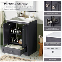 Modern 24 Inch Bathroom Vanity With Ceramic Sink And Soft Closing Doors, Freestanding Storage Cabinet With Silver Handles