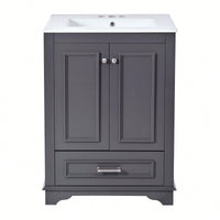 Modern 24 Inch Bathroom Vanity With Ceramic Sink And Soft Closing Doors, Freestanding Storage Cabinet With Silver Handles