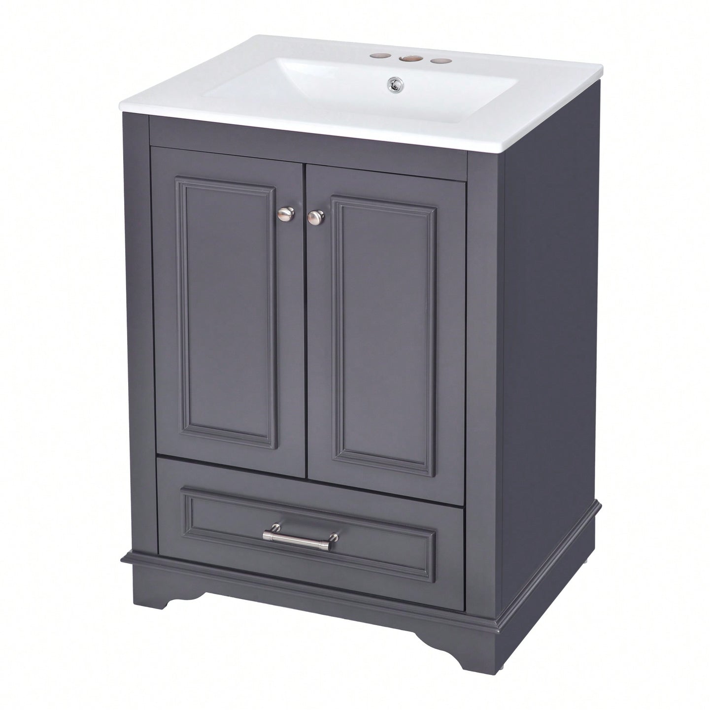 Modern 24 Inch Bathroom Vanity With Ceramic Sink And Soft Closing Doors, Freestanding Storage Cabinet With Silver Handles