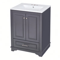 Modern 24 Inch Bathroom Vanity With Ceramic Sink And Soft Closing Doors, Freestanding Storage Cabinet With Silver Handles