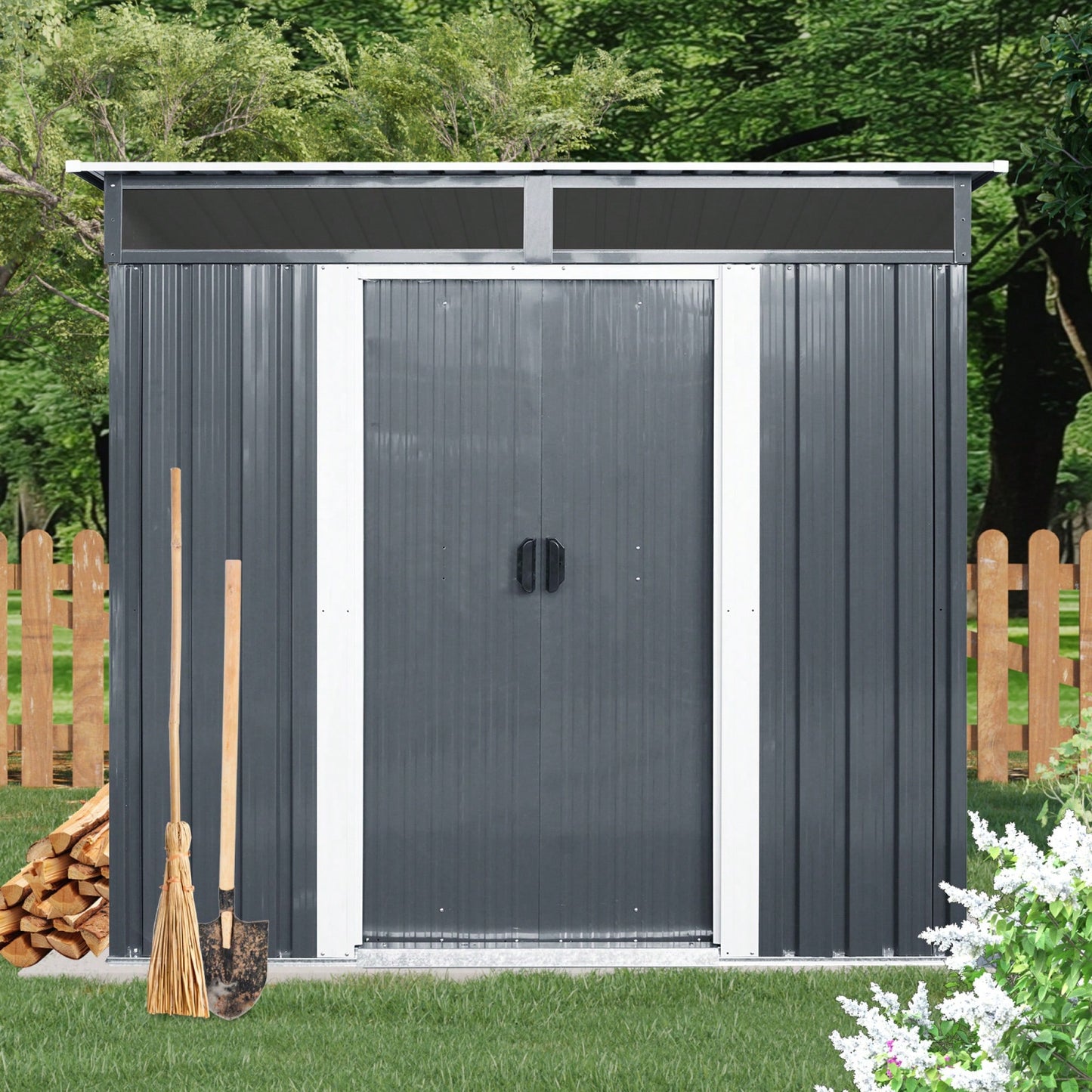 Outdoor Metal Storage Shed With Window And Transparent Panel For Garden And Lawn 6ft X 5ft Black And White