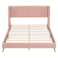 Queen Size Corduroy Platform Bed With Sturdy Metal Legs Beige