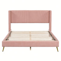 Queen Size Corduroy Platform Bed With Sturdy Metal Legs Beige