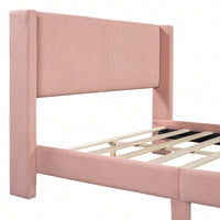 Queen Size Corduroy Platform Bed With Sturdy Metal Legs Beige