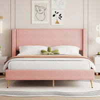 Queen Size Corduroy Platform Bed With Sturdy Metal Legs Beige