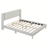 Queen Size Corduroy Platform Bed With Sturdy Metal Legs Beige