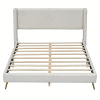 Queen Size Corduroy Platform Bed With Sturdy Metal Legs Beige