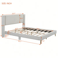 Queen Size Corduroy Platform Bed With Sturdy Metal Legs Beige