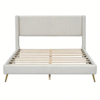 Queen Size Corduroy Platform Bed With Sturdy Metal Legs Beige