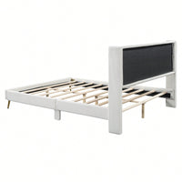 Queen Size Corduroy Platform Bed With Sturdy Metal Legs Beige