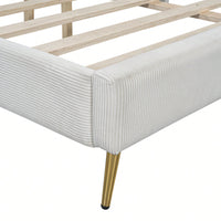 Queen Size Corduroy Platform Bed With Sturdy Metal Legs Beige
