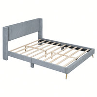 Queen Size Corduroy Platform Bed With Sturdy Metal Legs Beige