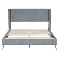 Queen Size Corduroy Platform Bed With Sturdy Metal Legs Beige