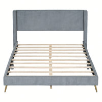 Queen Size Corduroy Platform Bed With Sturdy Metal Legs Beige