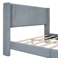 Queen Size Corduroy Platform Bed With Sturdy Metal Legs Beige