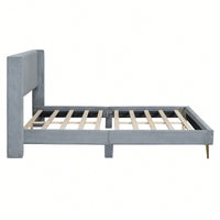 Queen Size Corduroy Platform Bed With Sturdy Metal Legs Beige