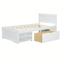 Twin Size Platform Bed With Storage Drawer And Two Shelves Gray