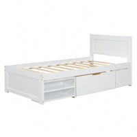Twin Size Platform Bed With Storage Drawer And Two Shelves Gray