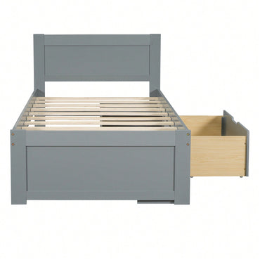 Twin Size Platform Bed With Storage Drawer And Two Shelves Gray