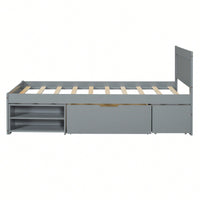 Twin Size Platform Bed With Storage Drawer And Two Shelves Gray