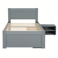 Twin Size Platform Bed With Storage Drawer And Two Shelves Gray