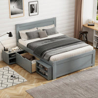Twin Size Platform Bed With Storage Drawer And Two Shelves Gray