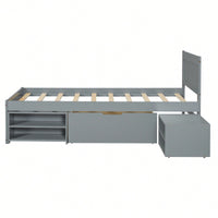Twin Size Platform Bed With Storage Drawer And Two Shelves Gray