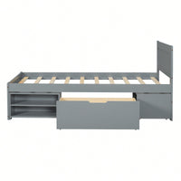 Twin Size Platform Bed With Storage Drawer And Two Shelves Gray