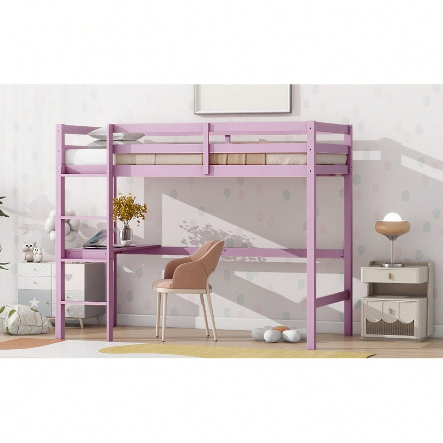 Twin High Loft Bed With Safety Guardrail And Built-In Desk In White Oak Finish