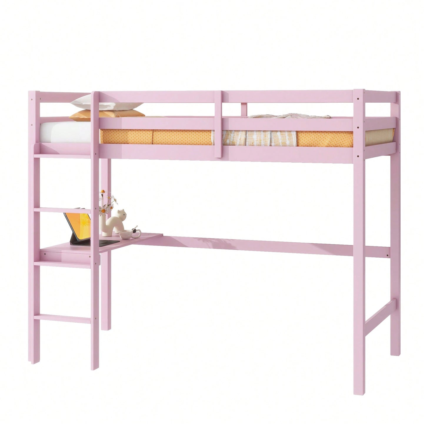 Twin High Loft Bed With Safety Guardrail And Built-In Desk In White Oak Finish