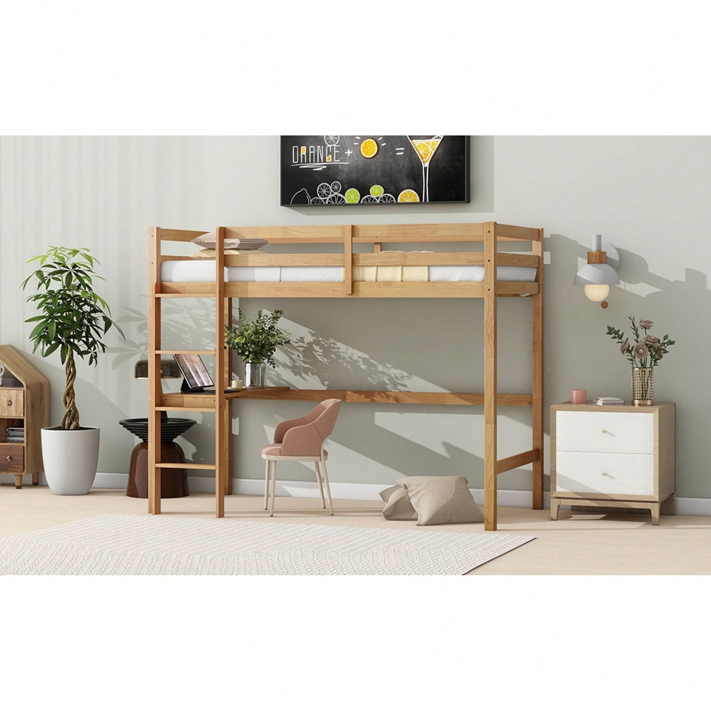 Twin High Loft Bed With Safety Guardrail And Built-In Desk In White Oak Finish